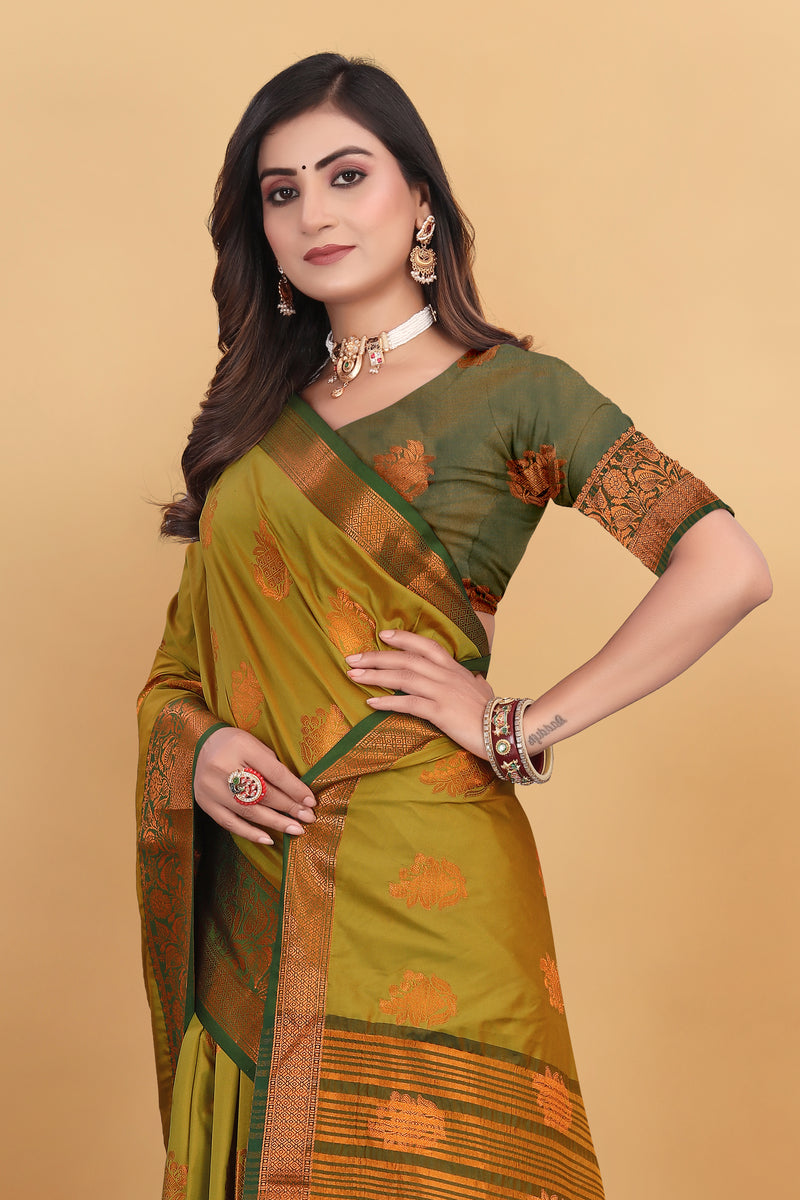 Lichi Copper Six Mehendi Banarasi Saree