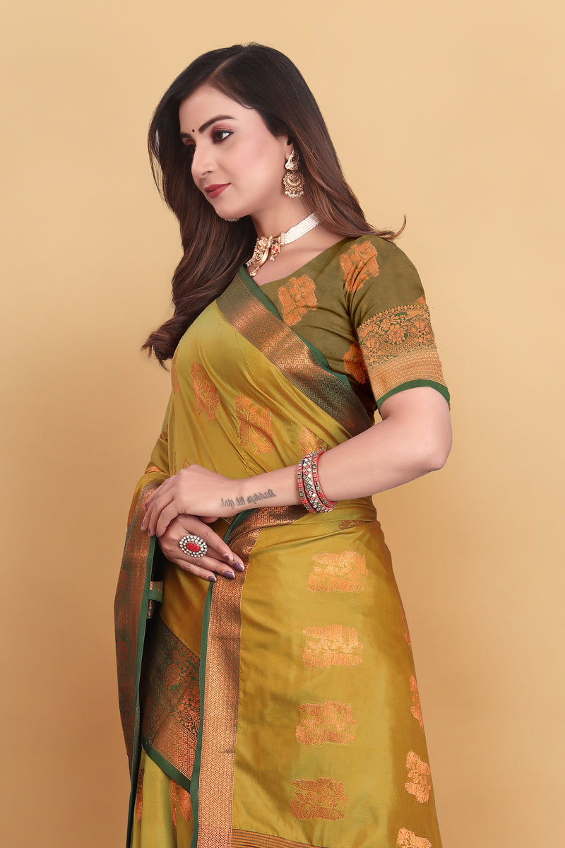 Lichi Copper Four Mehendi Banarasi Saree