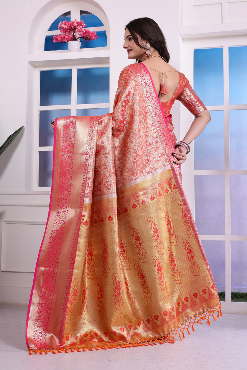 Dharmavaram Three Orange Banarasi Saree