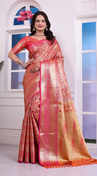 Dharmavaram Three Orange Banarasi Saree