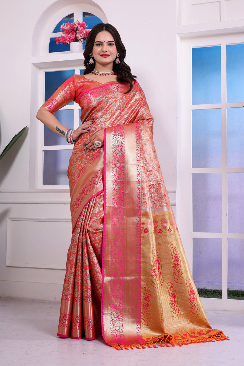 Dharmavaram Three Orange Banarasi Saree