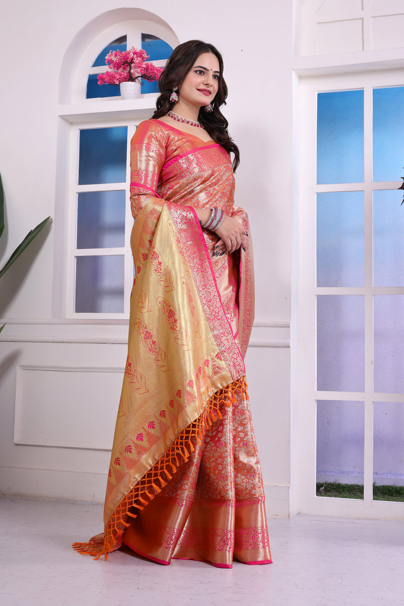 Dharmavaram Three Orange Banarasi Saree