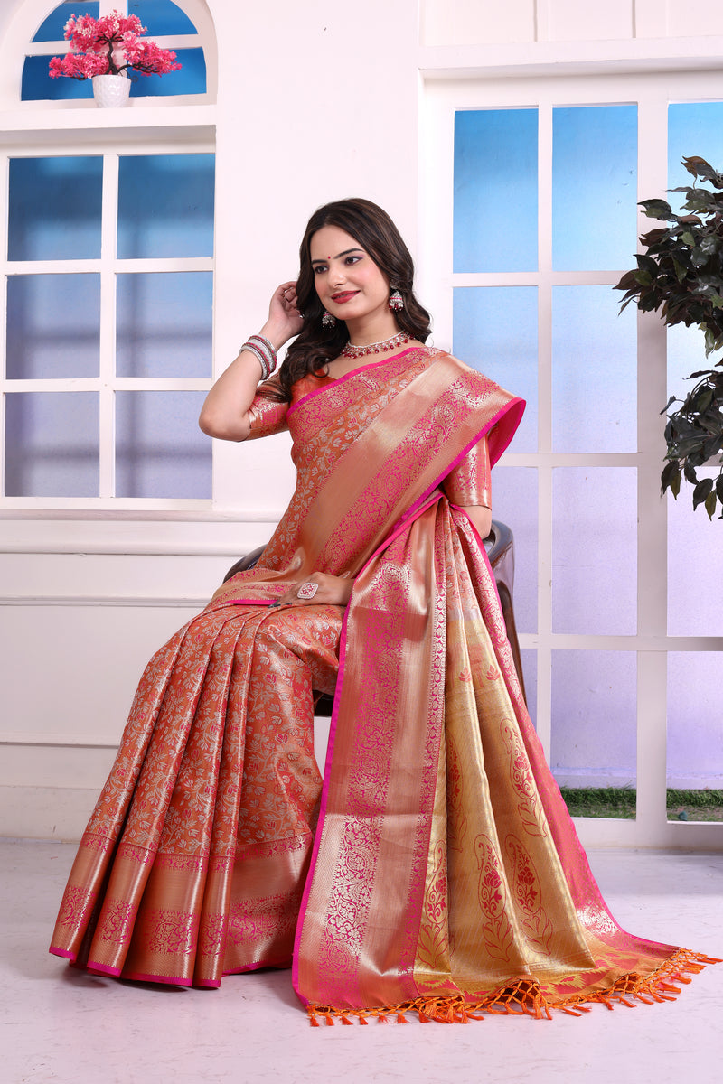 Dharmavaram Three Orange Banarasi Saree