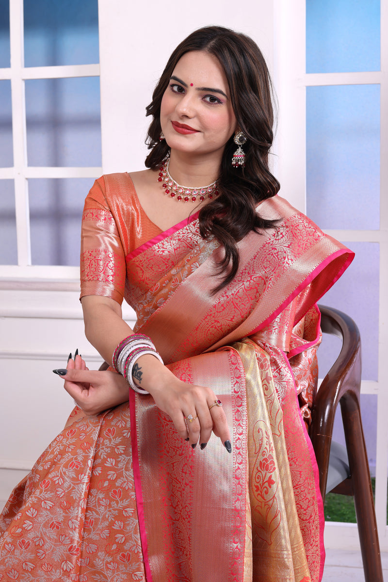 Dharmavaram Three Orange Banarasi Saree