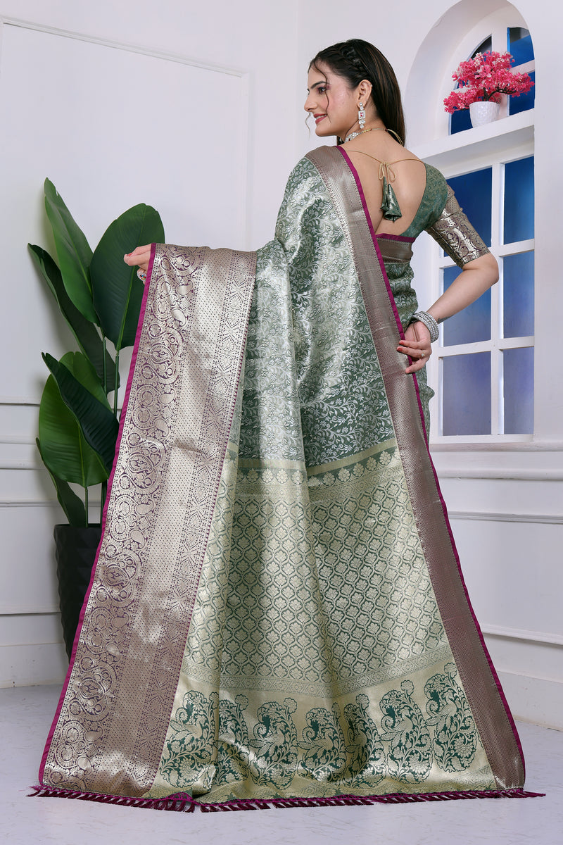 Dharmavaram Ten Green Banarasi Saree