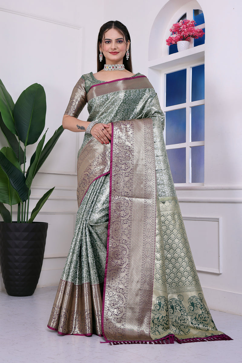 Dharmavaram Ten Green Banarasi Saree