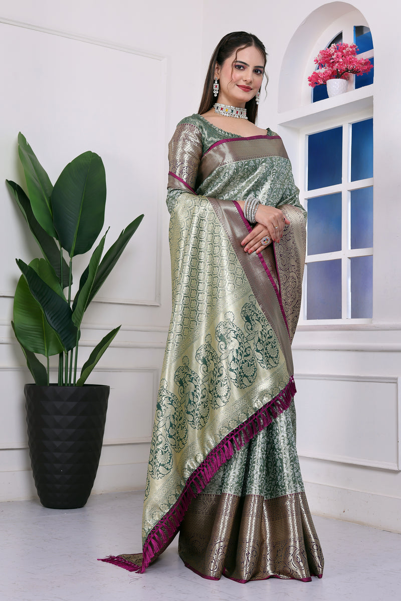 Dharmavaram Ten Green Banarasi Saree