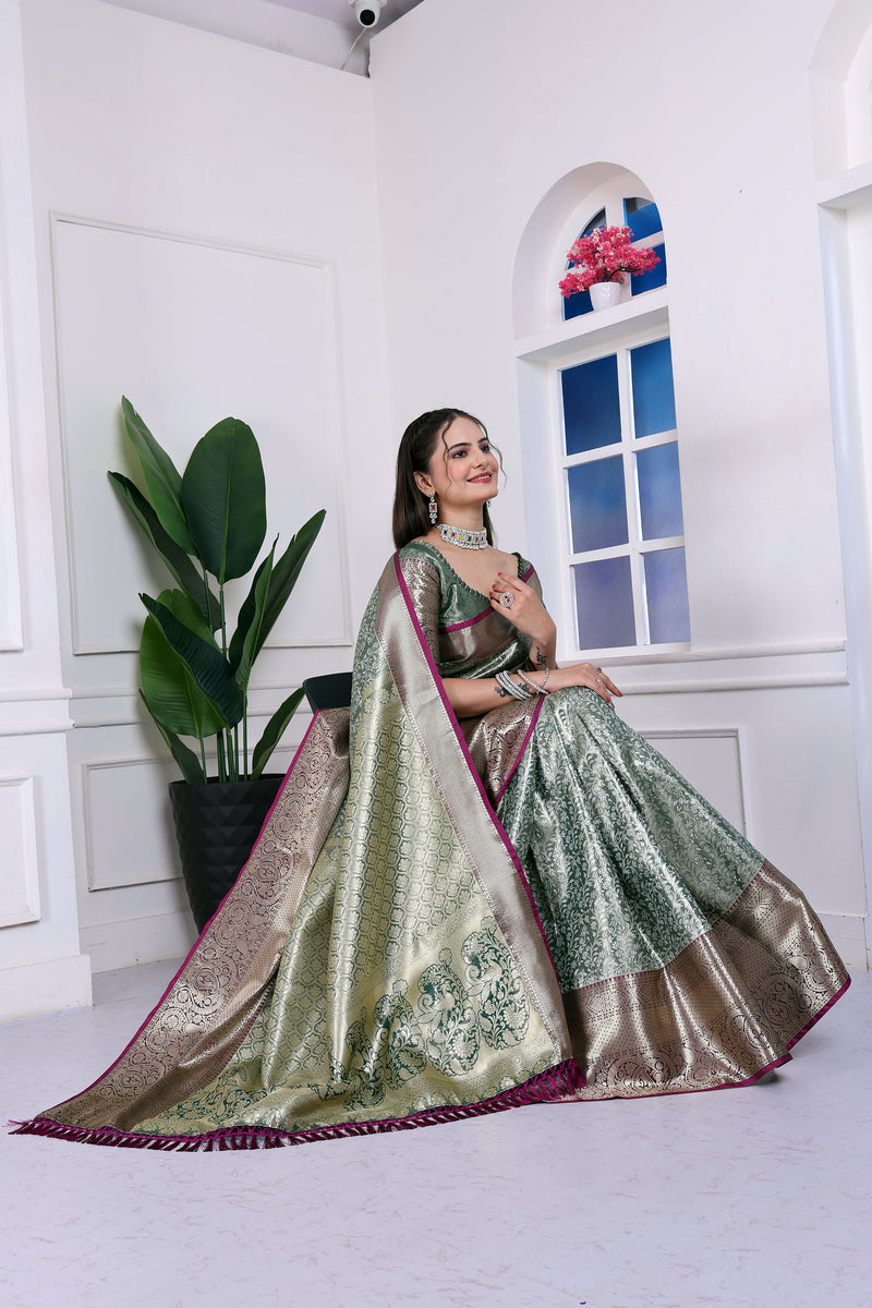 Dharmavaram Ten Green Banarasi Saree