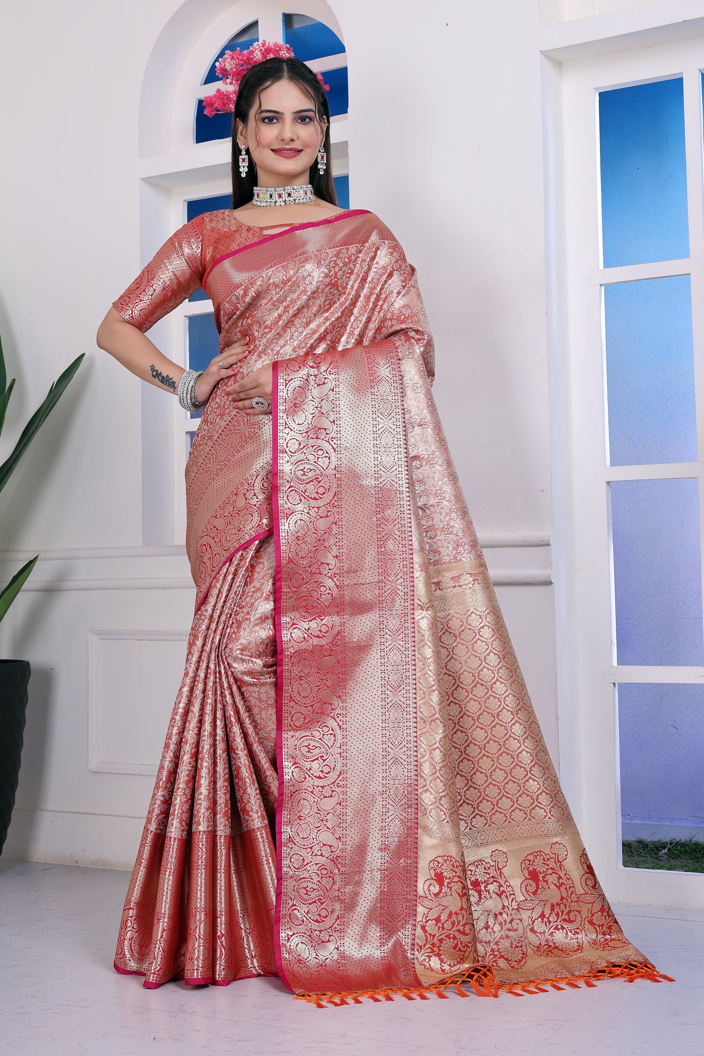Dharmavaram Ten Orange Banarasi Saree