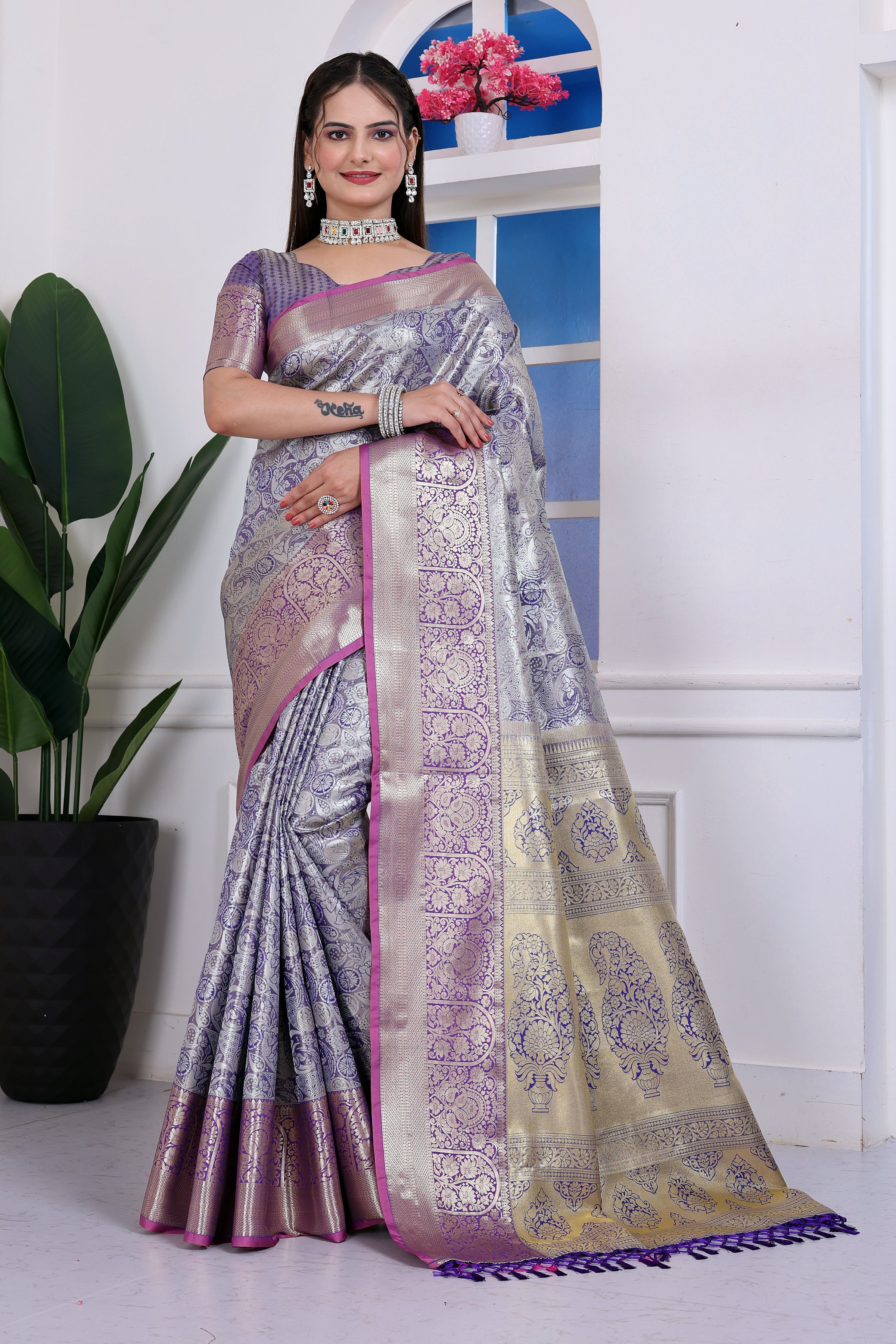 Dharmavaram Nine Blue Banarasi Saree