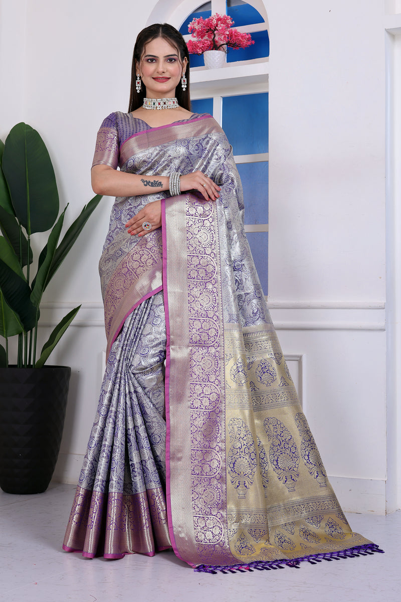 Dharmavaram Nine Blue Banarasi Saree