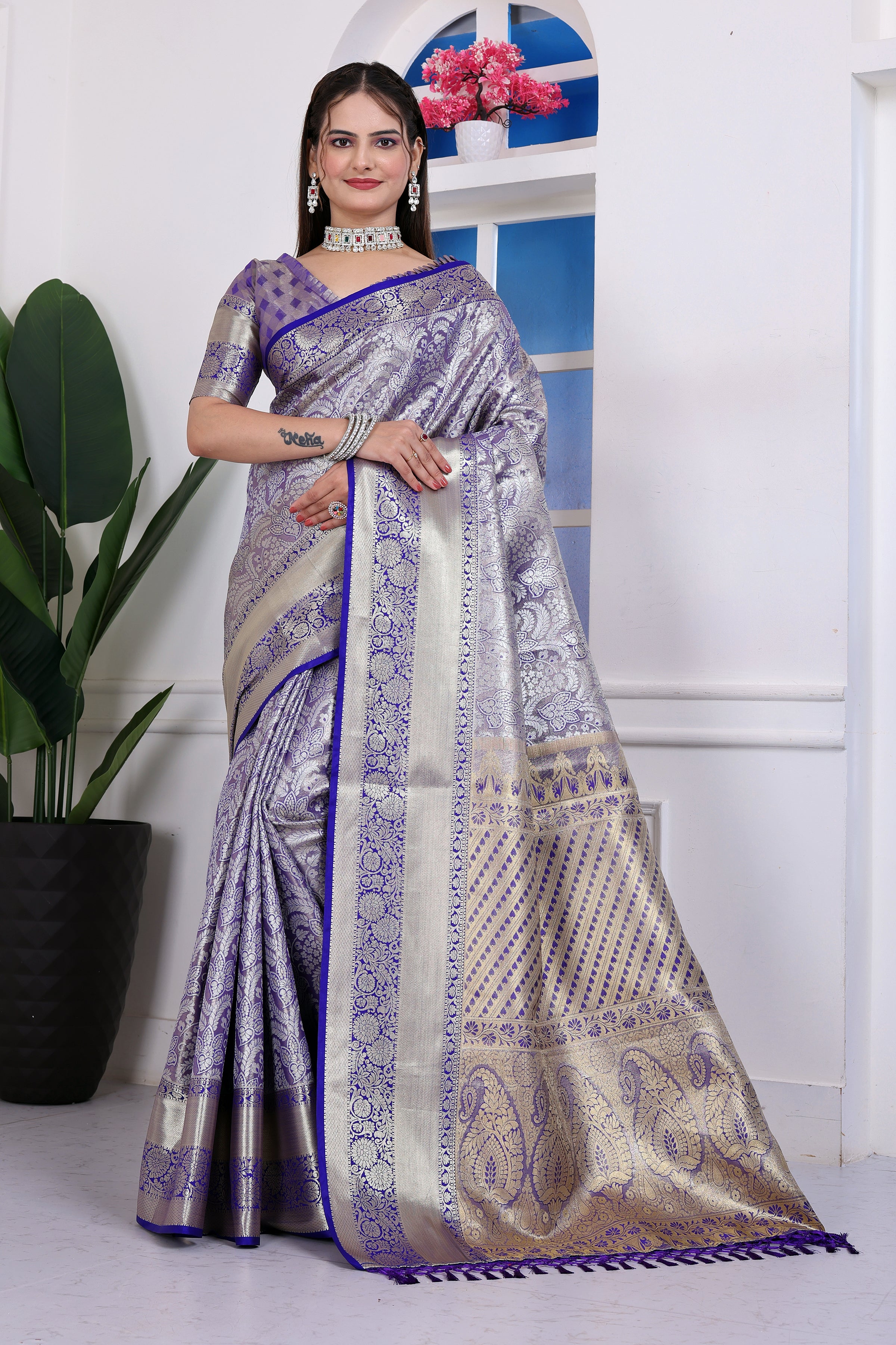 Dharmavaram Four Blue Banarasi Saree