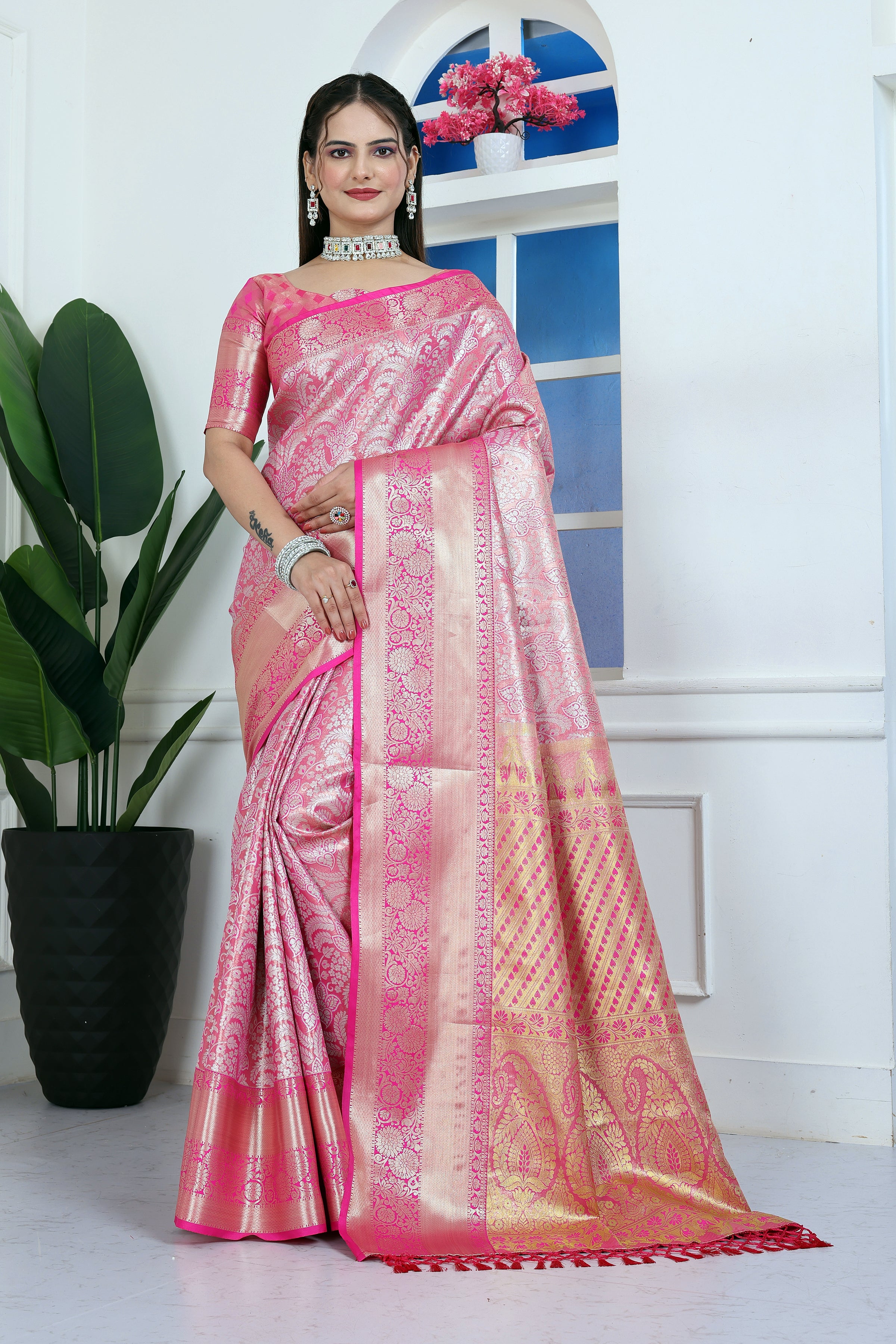 Dharmavaram Four Pink Banarasi Saree