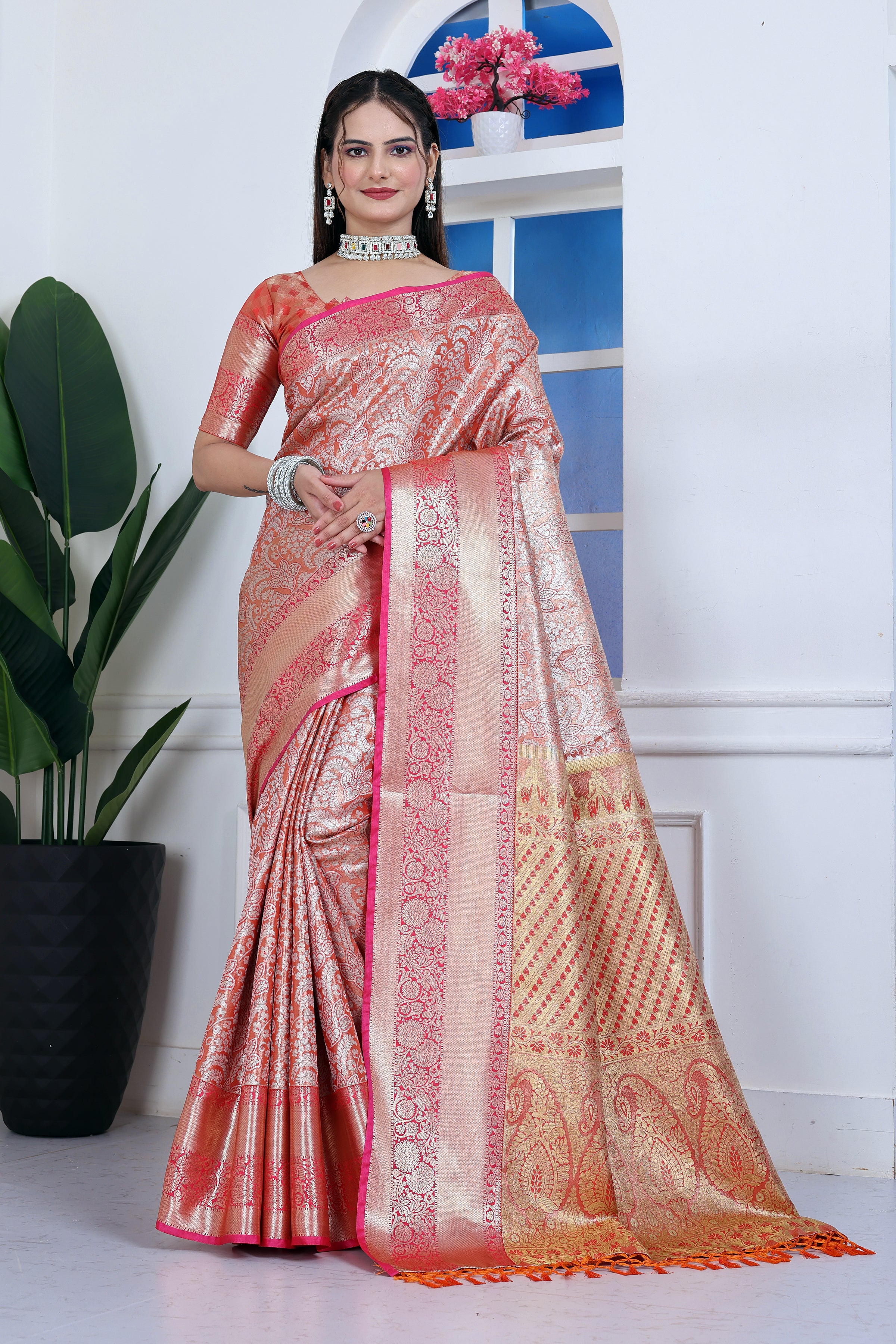 Dharmavaram Four Orange Banarasi Saree