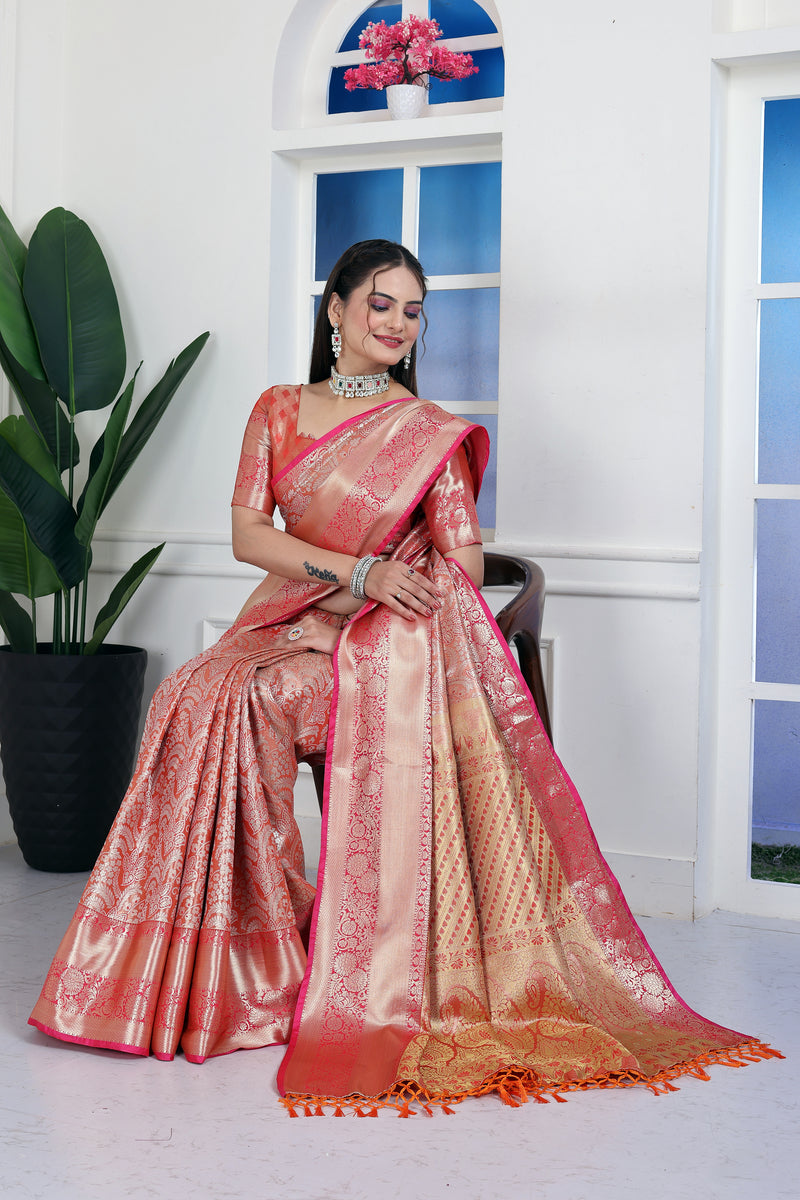 Dharmavaram Four Orange Banarasi Saree