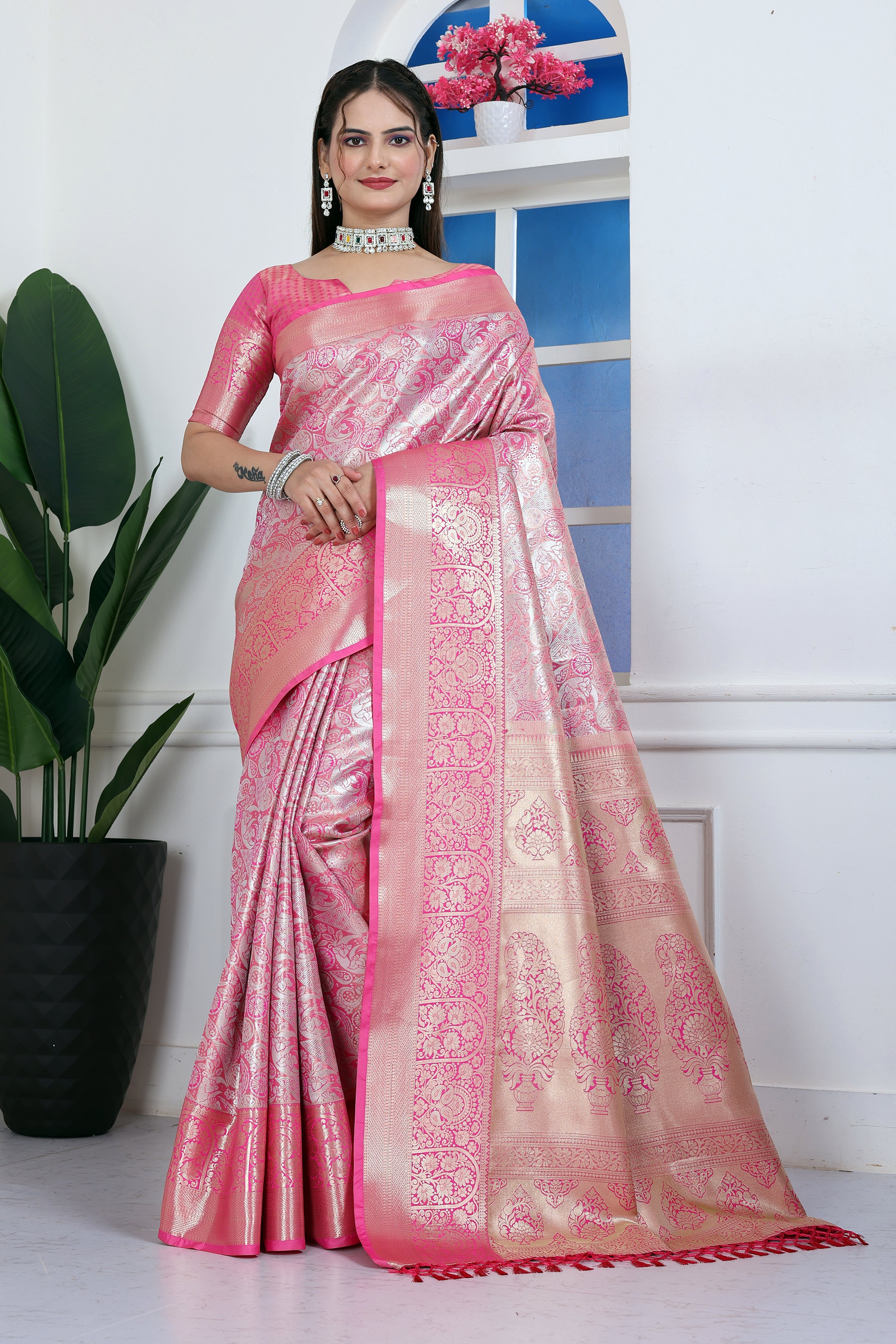 Dharmavaram Nine Pink Banarasi Saree