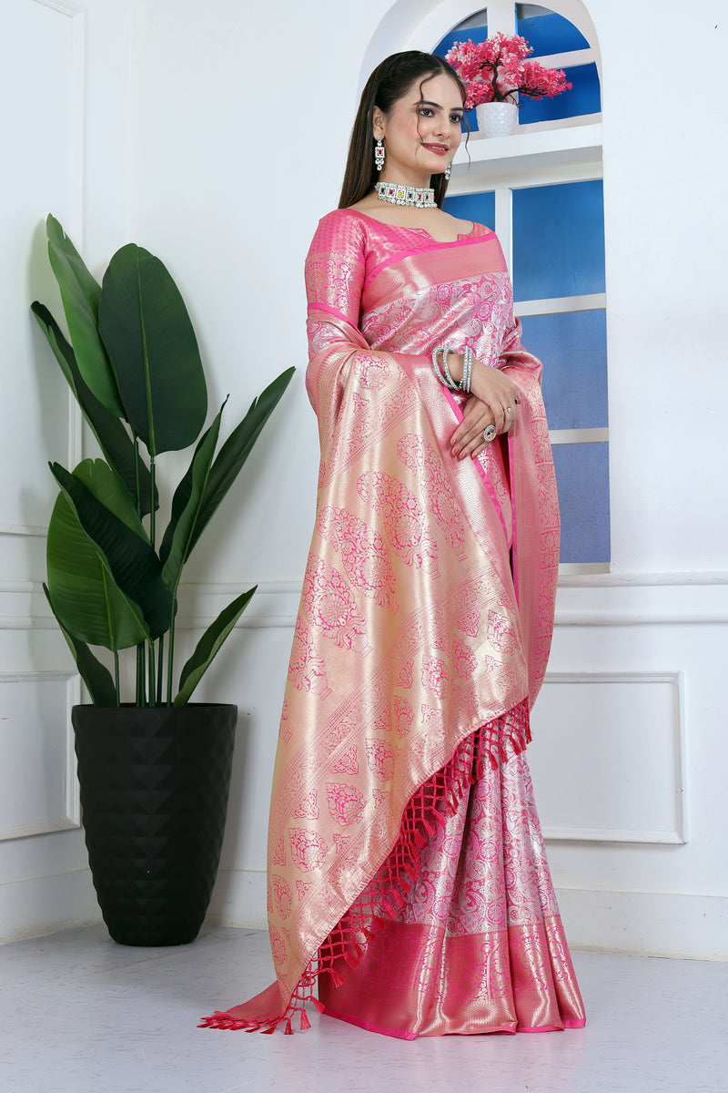 Dharmavaram Nine Pink Banarasi Saree