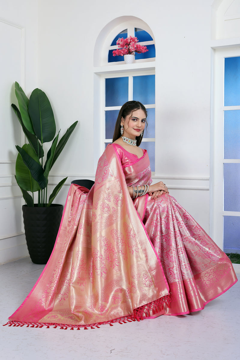 Dharmavaram Nine Pink Banarasi Saree