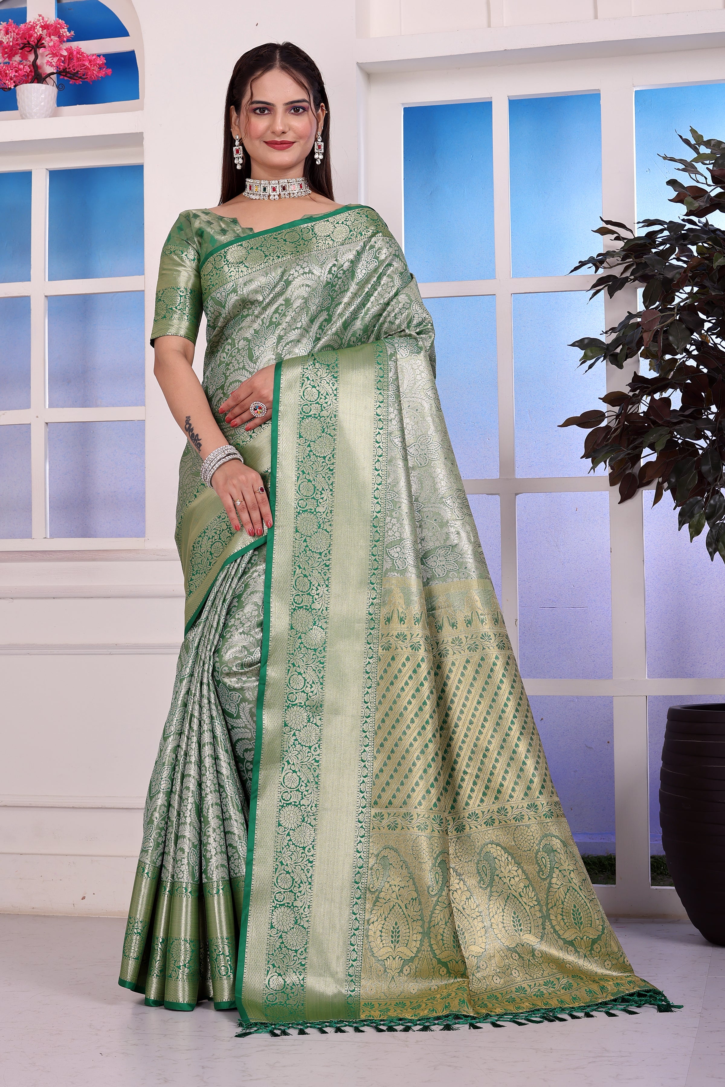 Dharmavaram Four Green Banarasi Saree