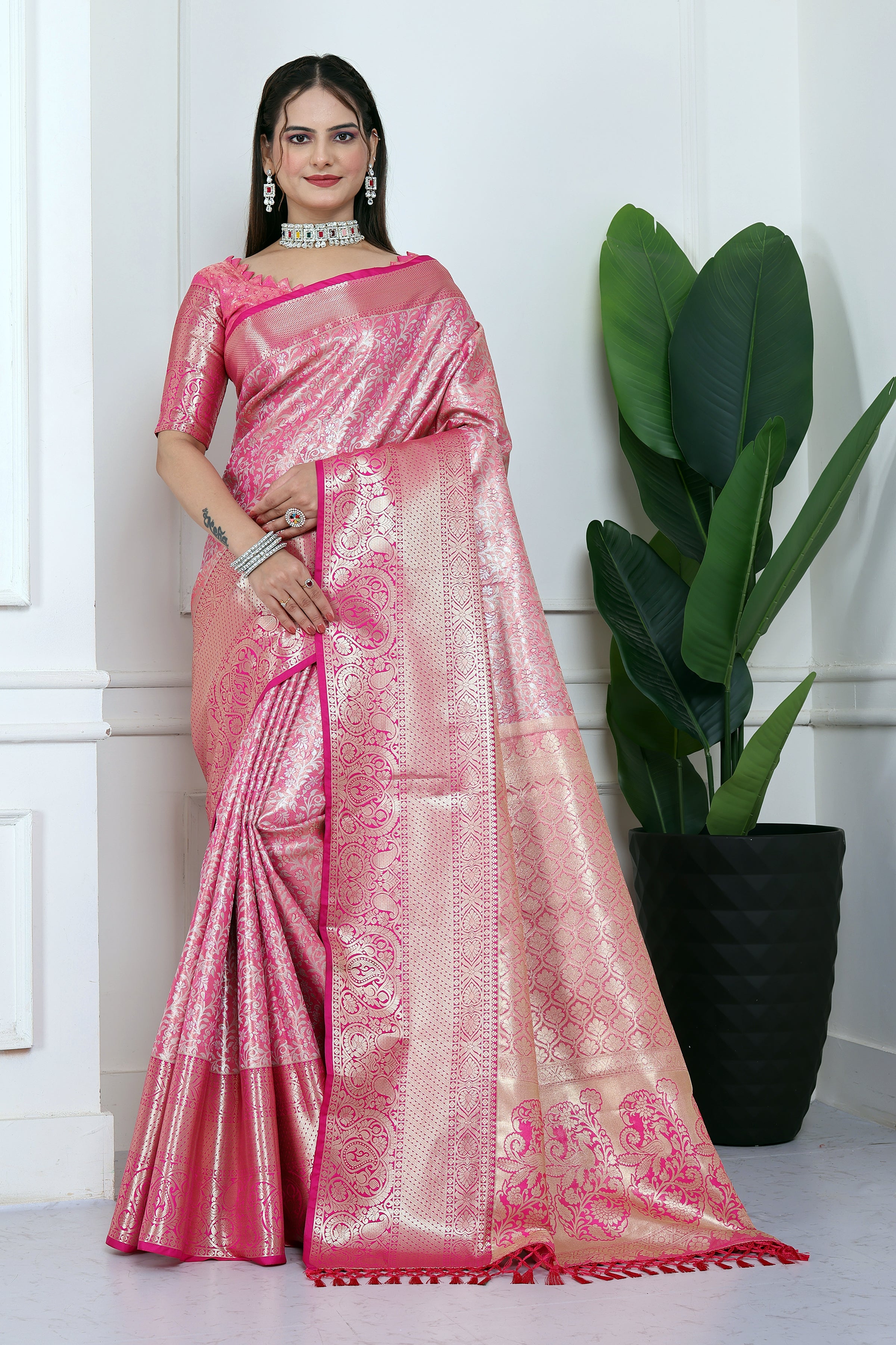 Dharmavaram Ten Pink Banarasi Saree