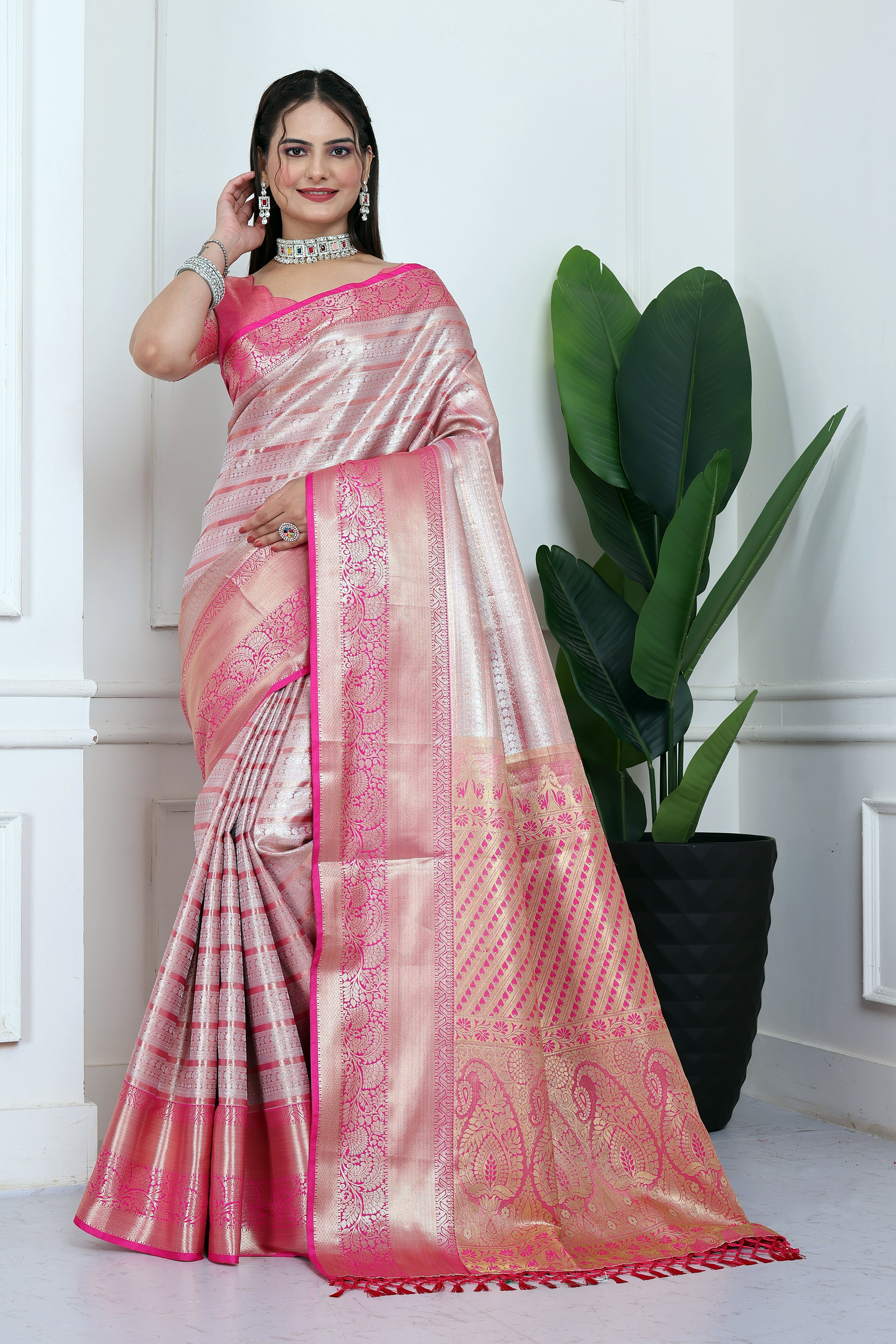 Dharmavaram Eight Pink Banarasi Saree