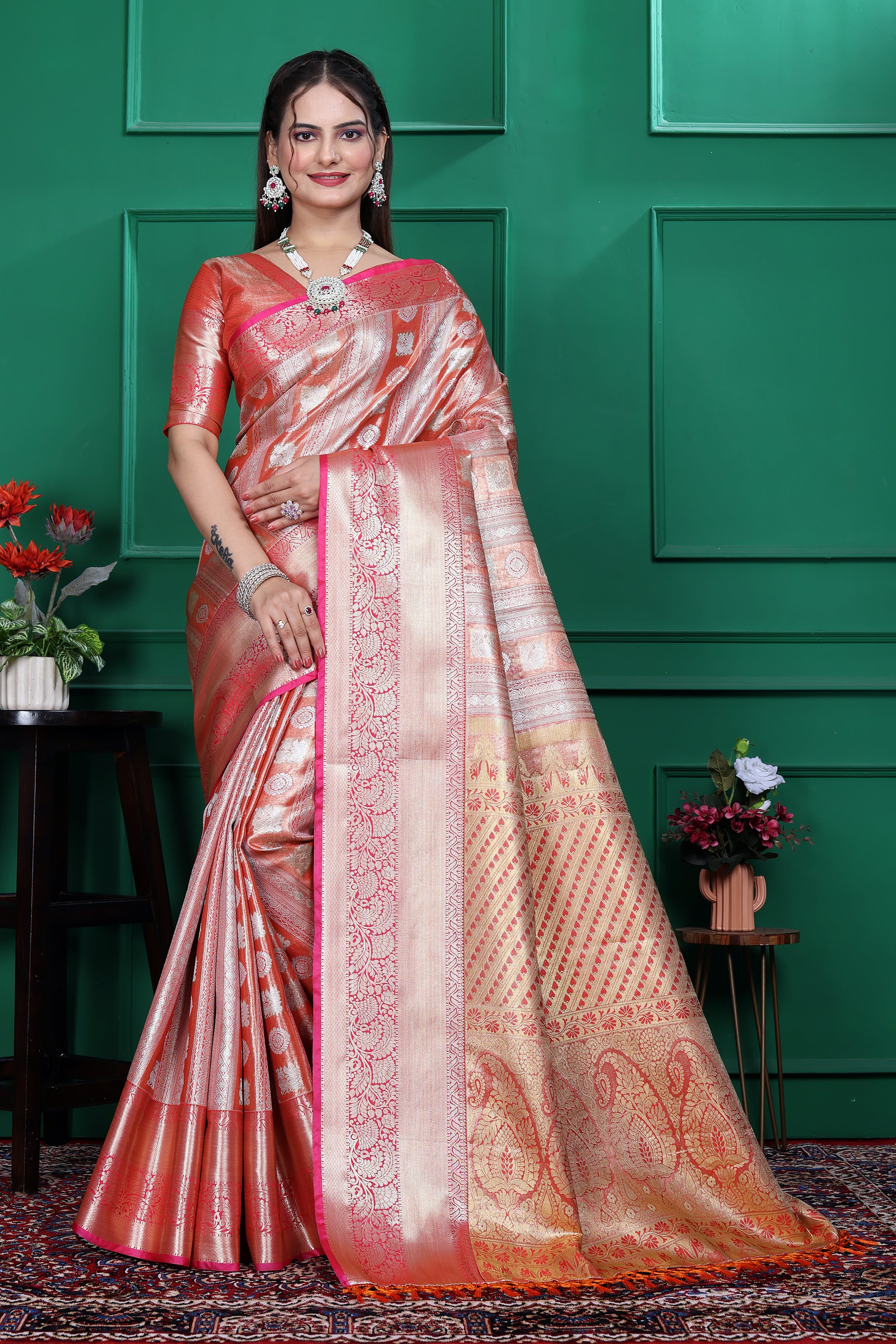 Dharmavaram Five Orange Banarasi Saree