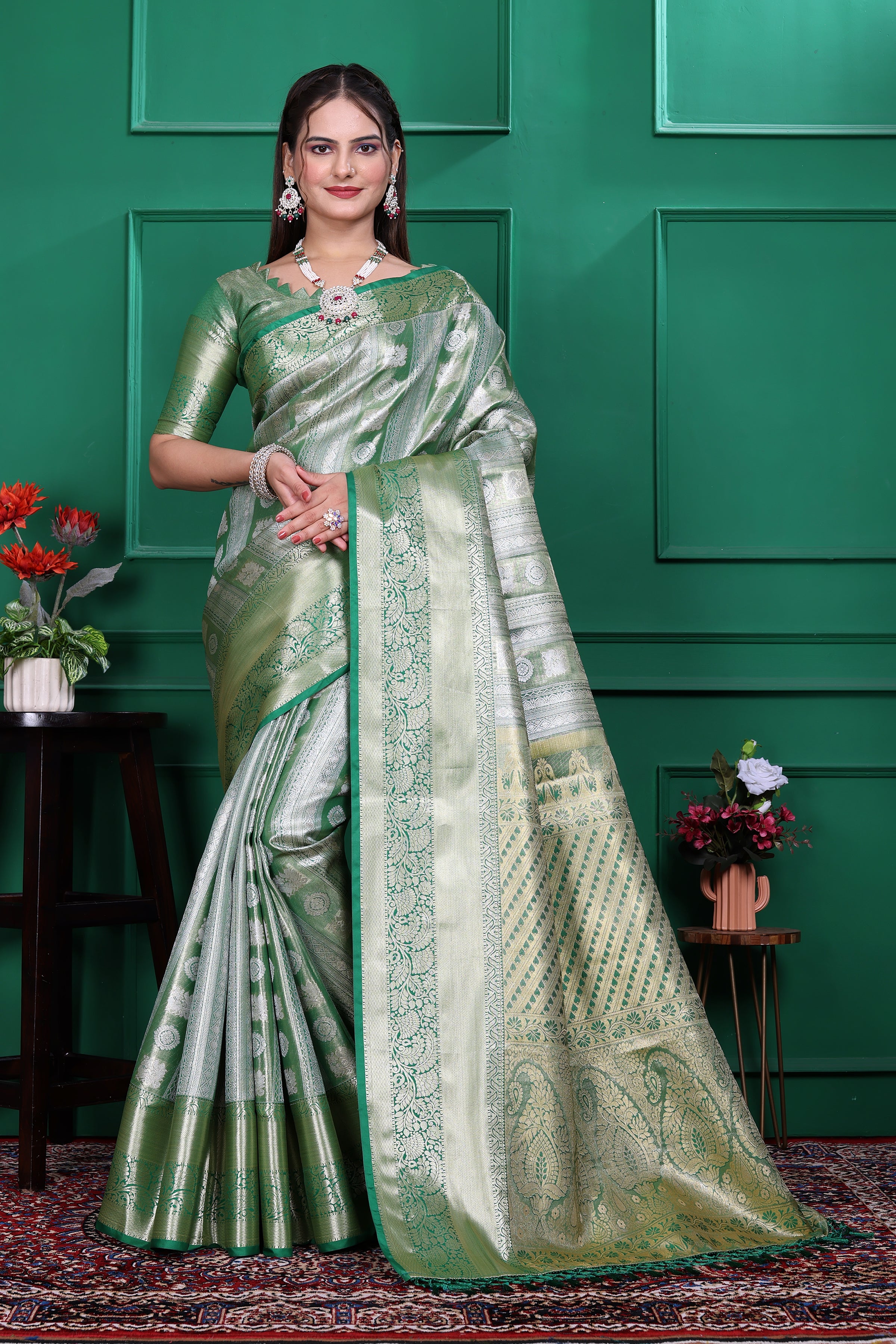 Dharmavaram Five Green Banarasi Saree