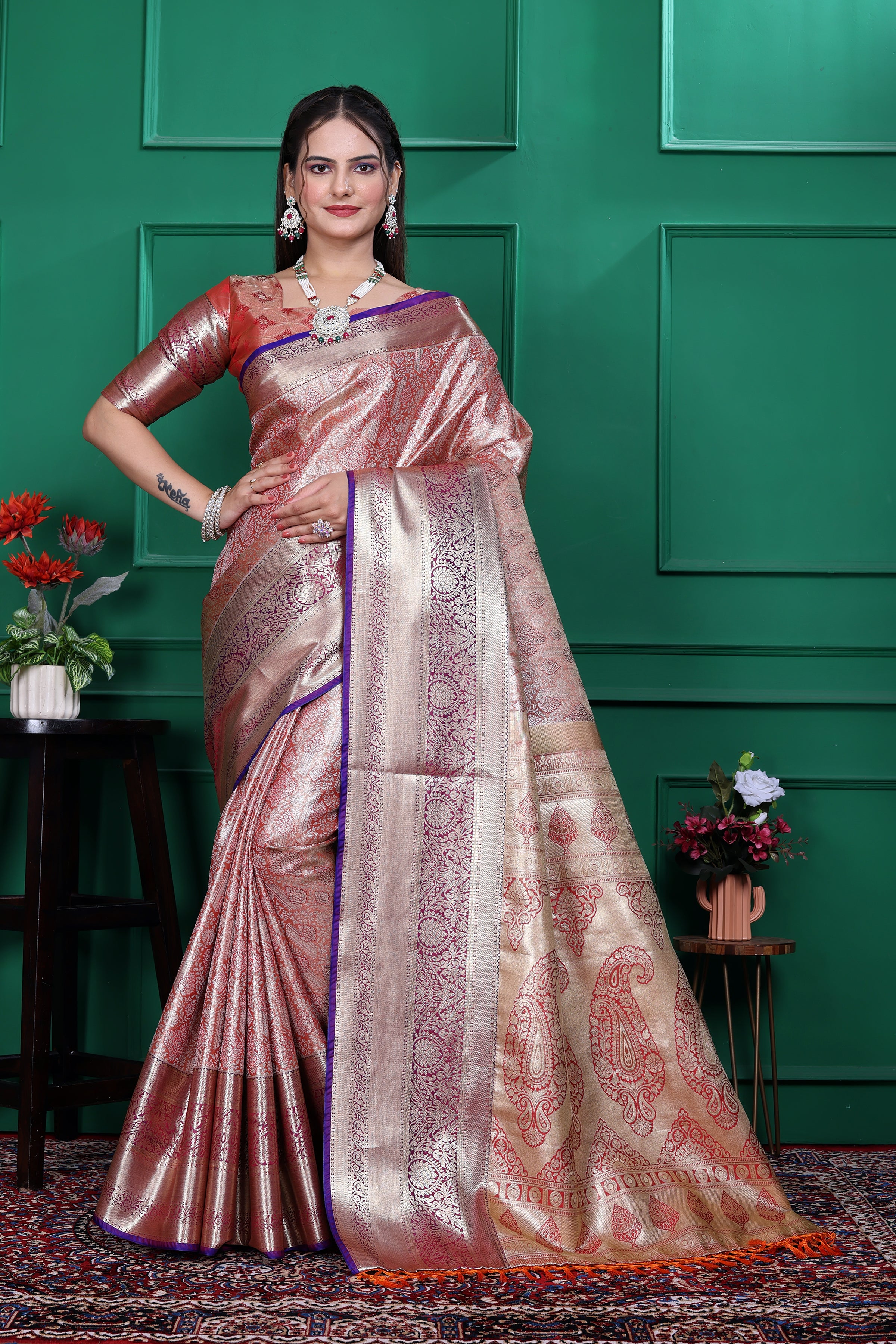 Dharmavaram Seven orange Banarasi Saree