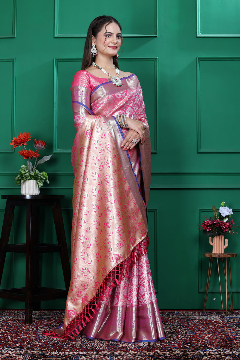 Dharmavaram Six Pink Banarasi Saree