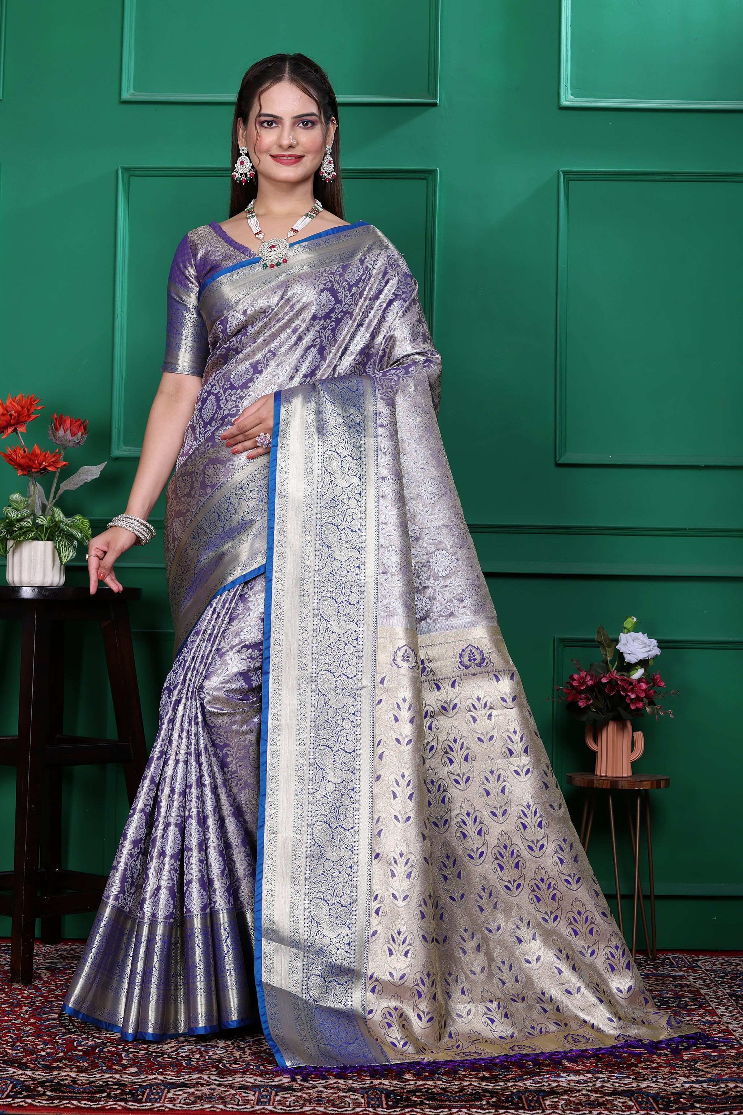 Dharmavaram Six Blue Banarasi Saree