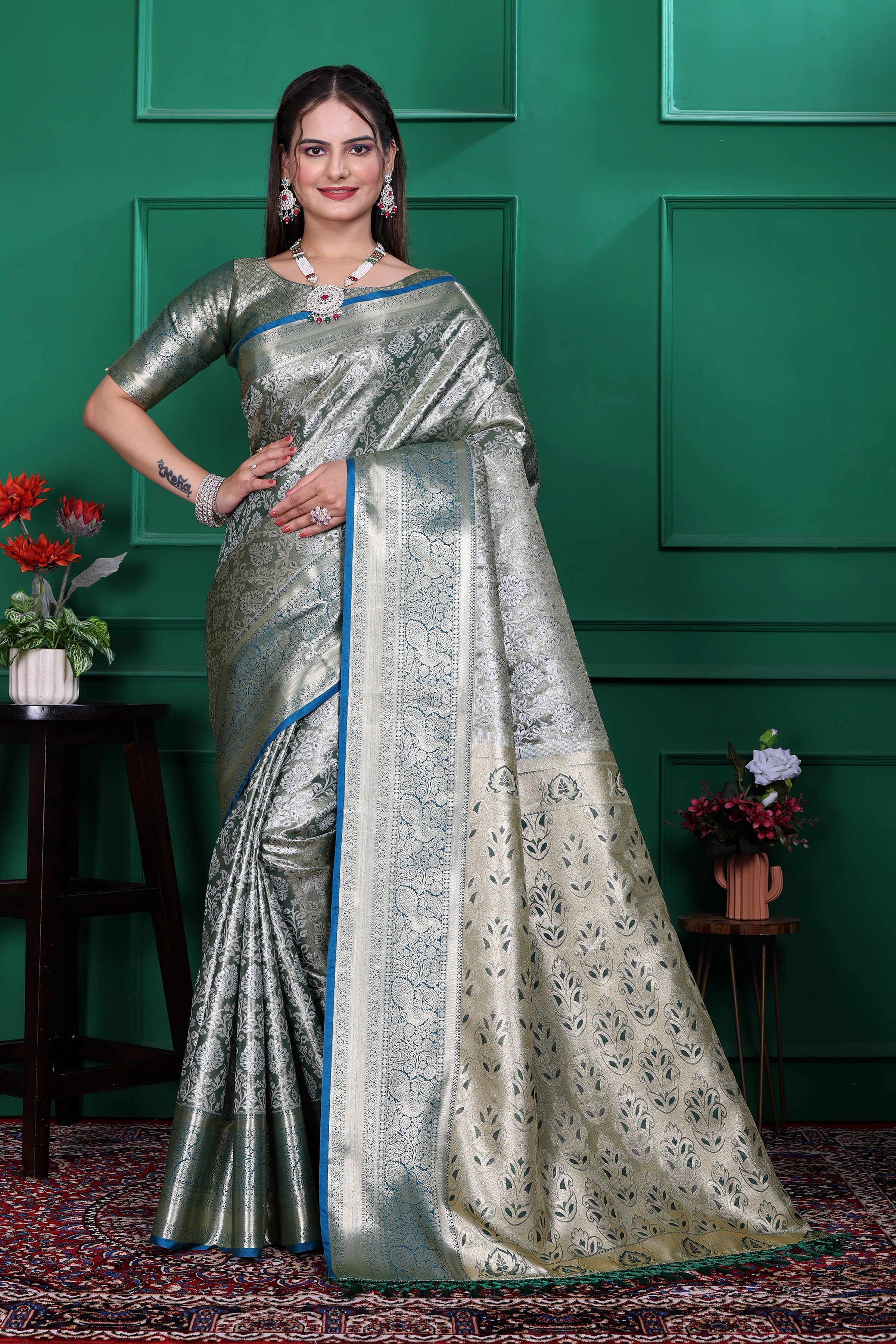 Dharmavaram Six Green Banarasi Saree