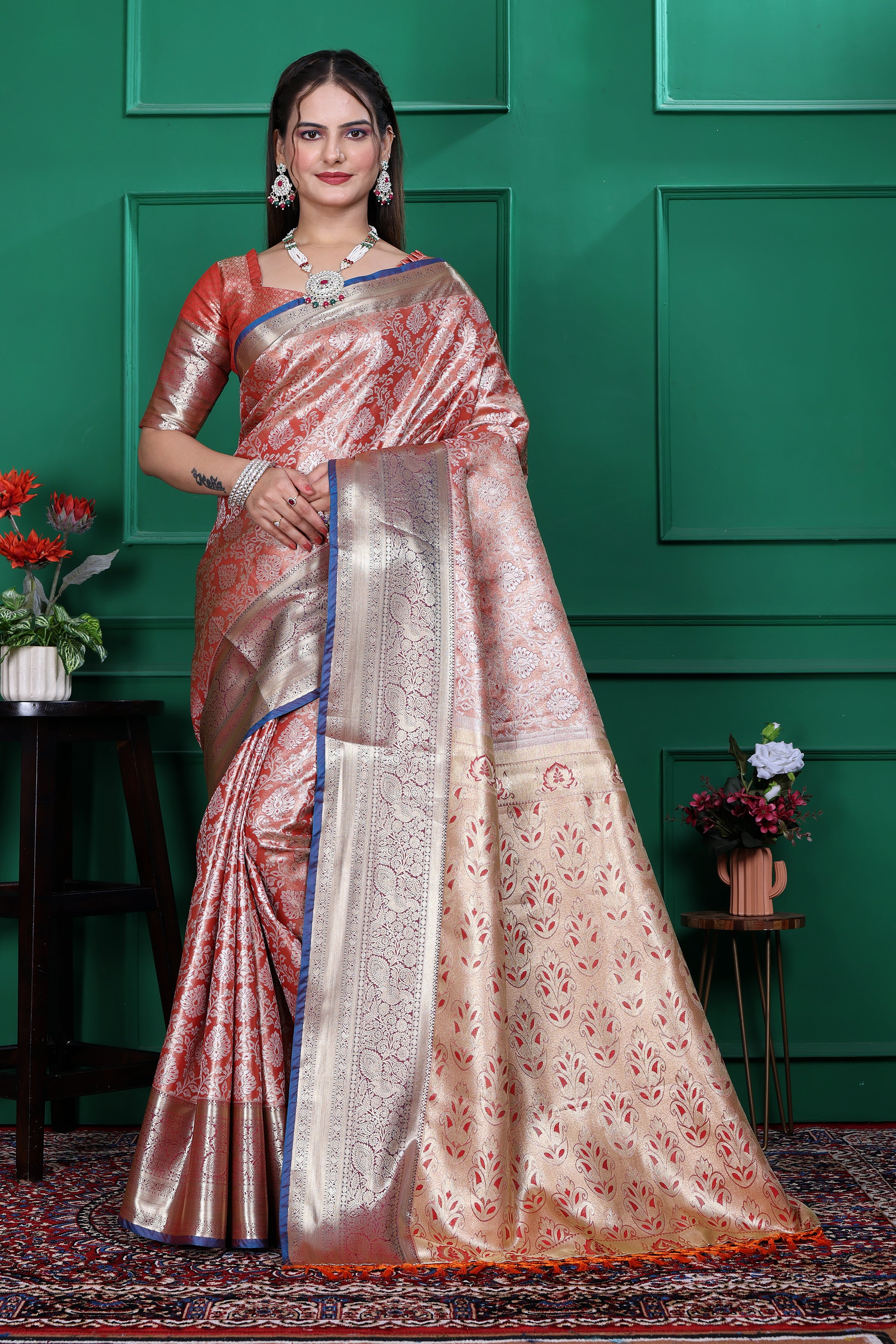 Dharmavaram Six Orange Banarasi Saree