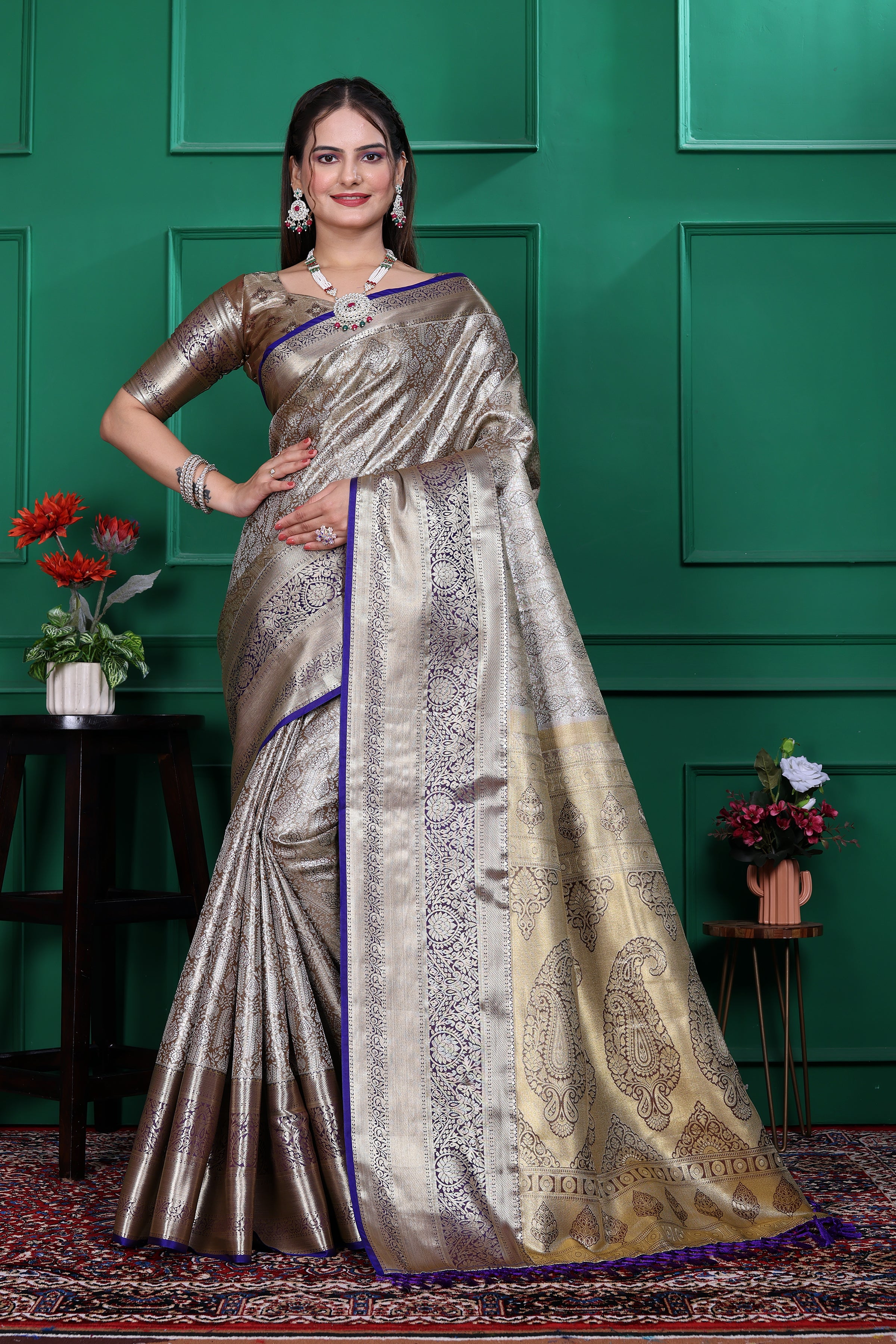 Dharmavaram Seven Grey Banarasi Saree