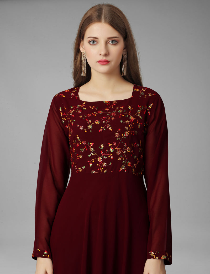 Embroidered Georgette Maroon Gown
