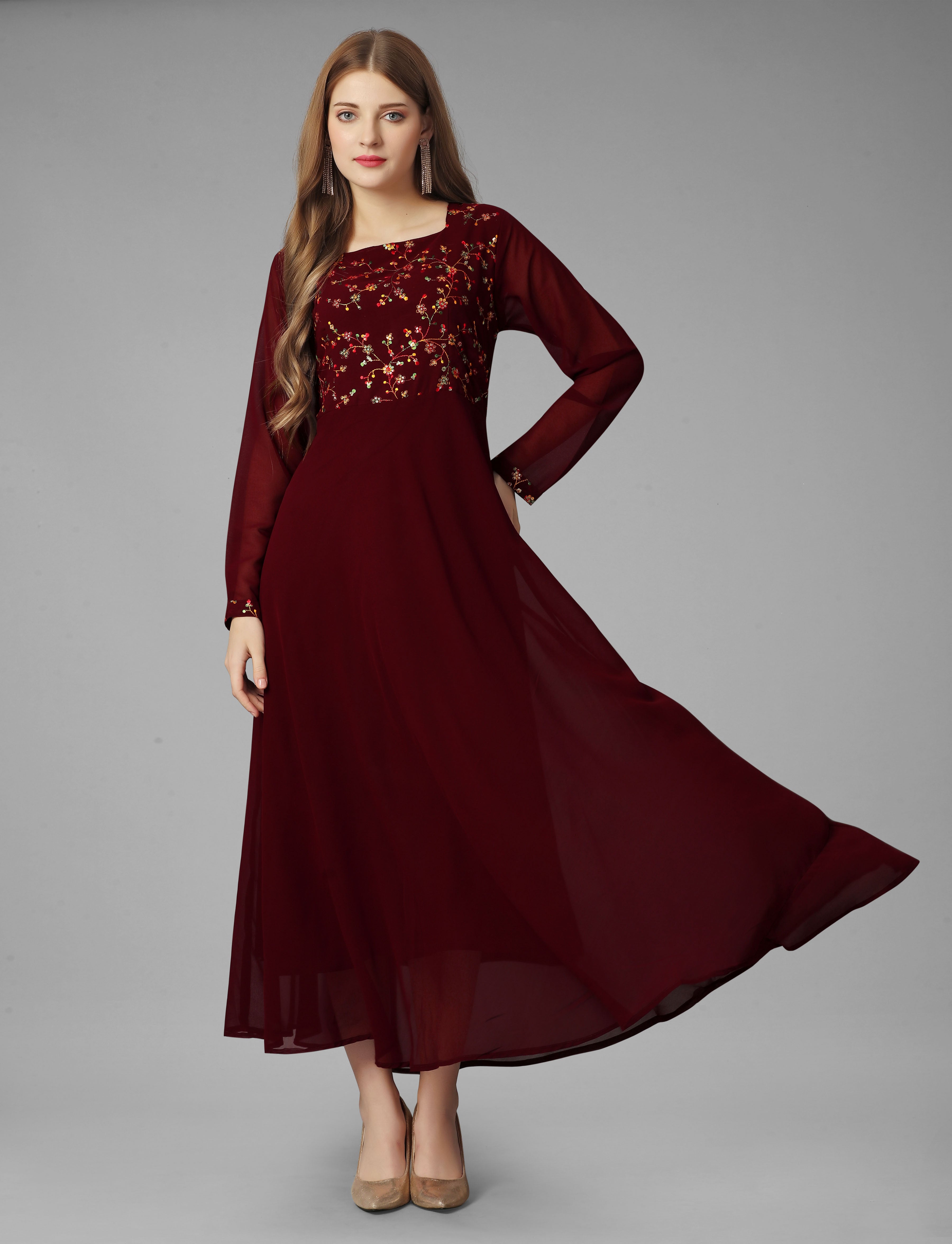 Embroidered Georgette Maroon Gown