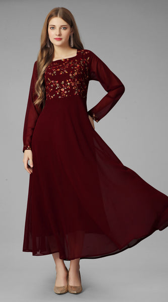 Embroidered Georgette Maroon Gown