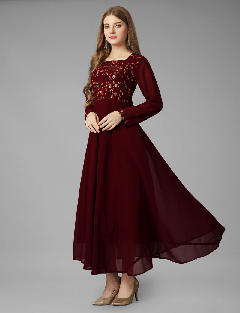 Embroidered Georgette Maroon Gown