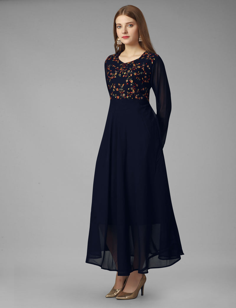 Embroidered Georgette Navy Blue Gown