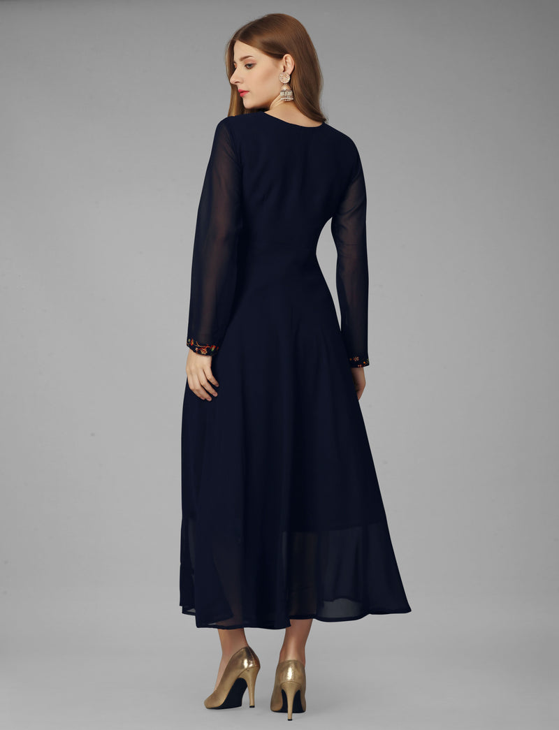 Embroidered Georgette Navy Blue Gown