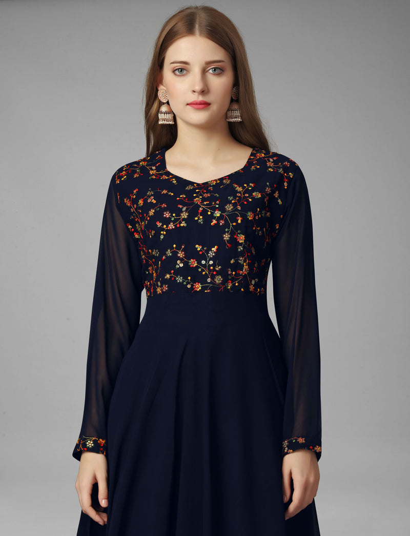 Embroidered Georgette Navy Blue Gown