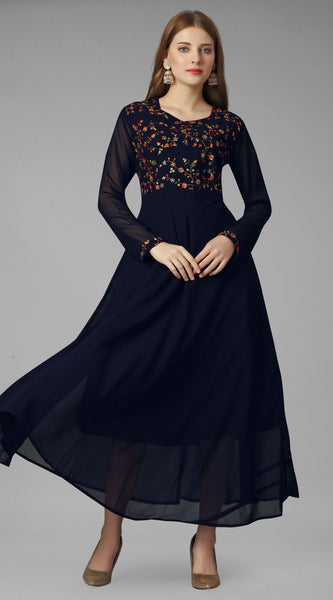 Embroidered Georgette Navy Blue Gown