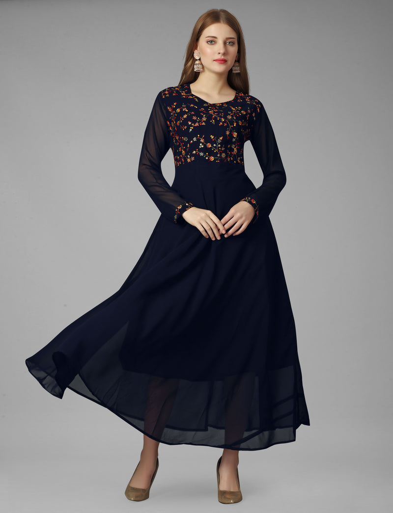 Embroidered Georgette Navy Blue Gown