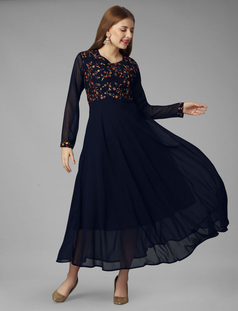 Embroidered Georgette Navy Blue Gown