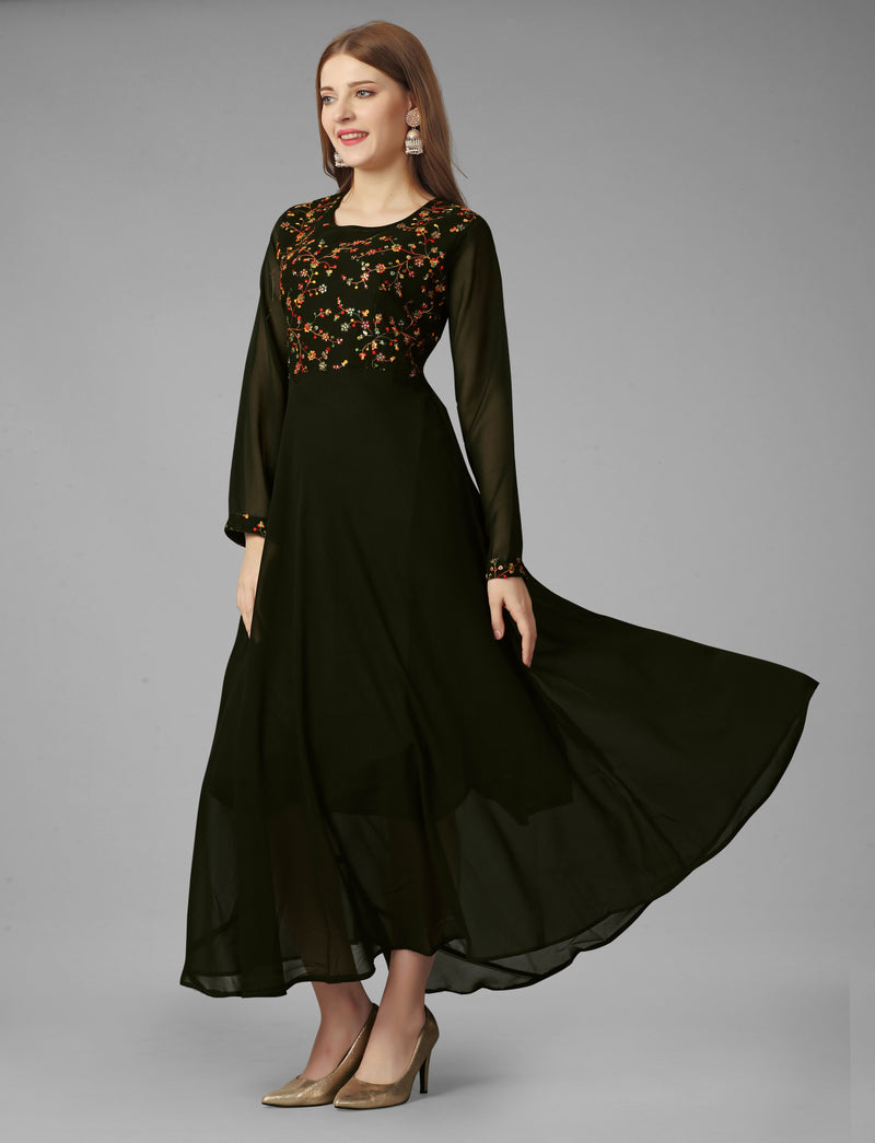 Embroidered Georgette Mehndi Gown