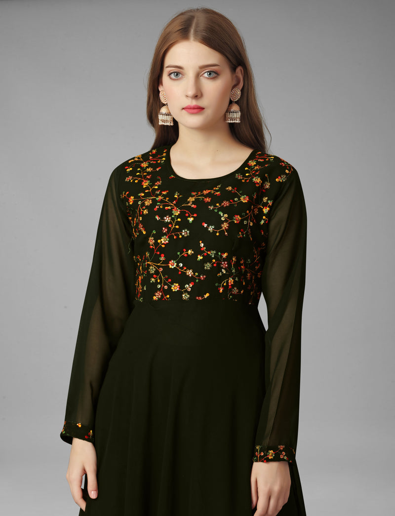 Embroidered Georgette Mehndi Gown