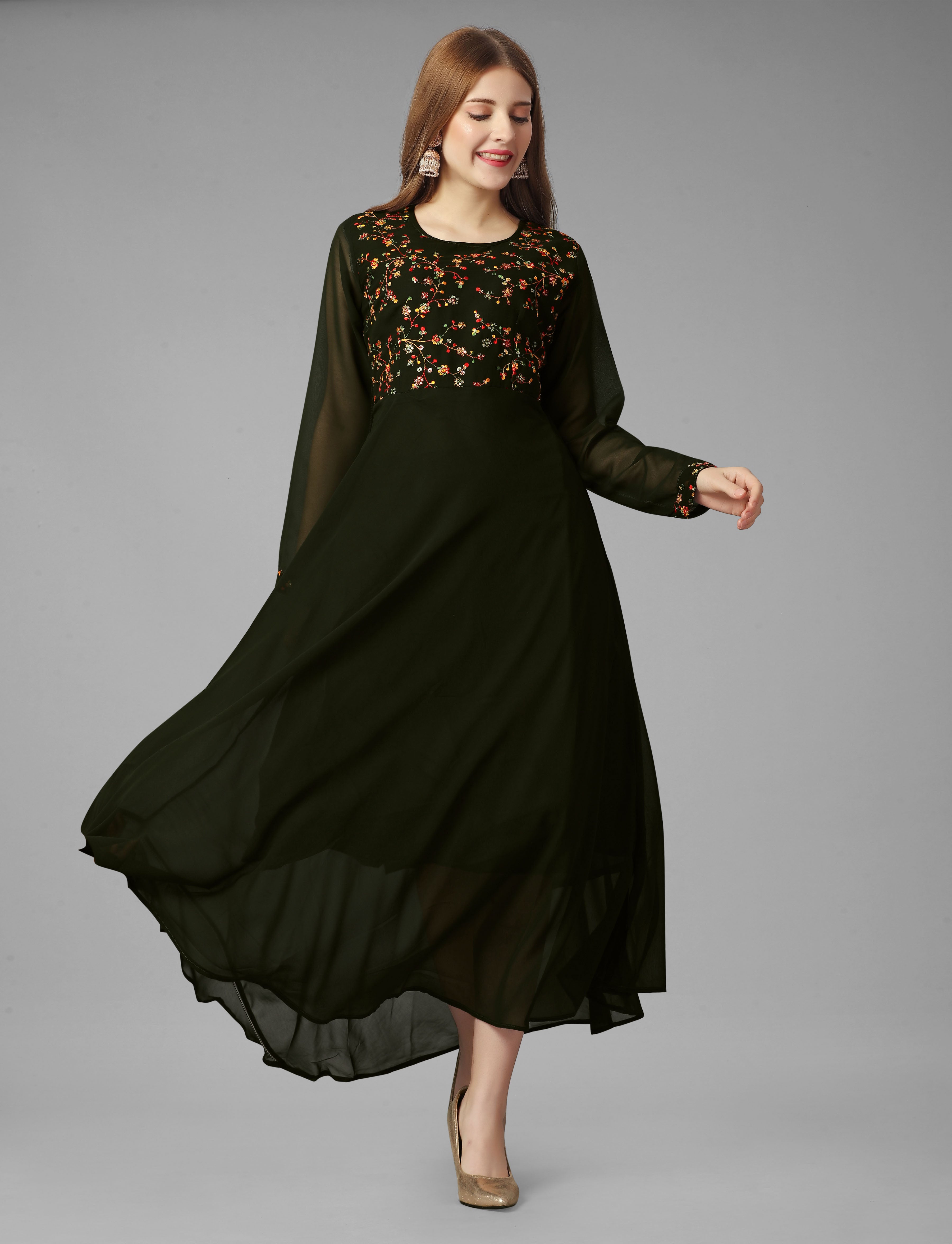 Embroidered Georgette Mehndi Gown