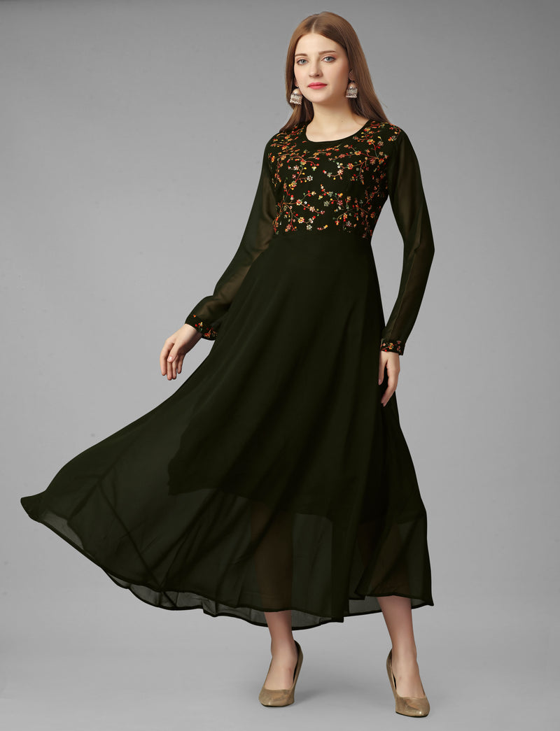 Embroidered Georgette Mehndi Gown