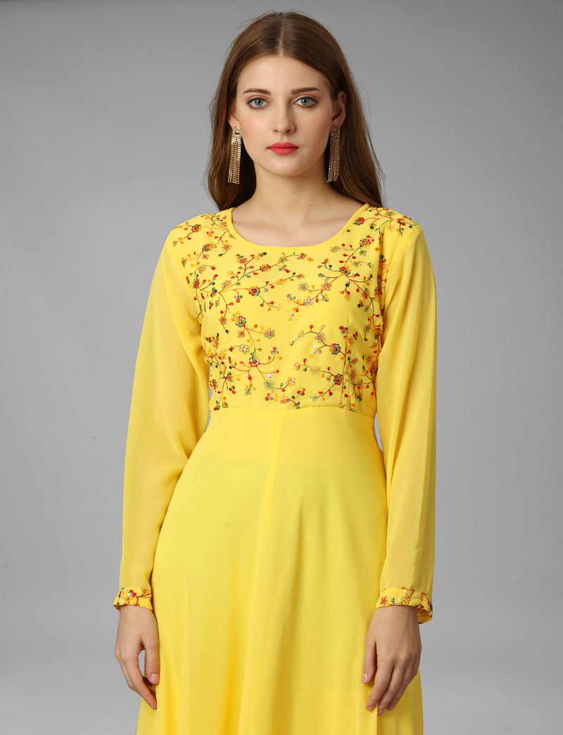 Embroidered Georgette Yellow Gown