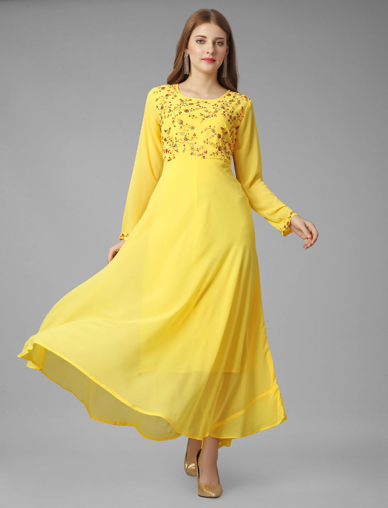 Embroidered Georgette Yellow Gown