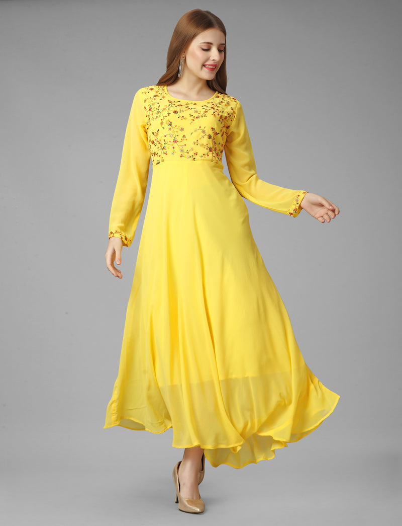 Embroidered Georgette Yellow Gown